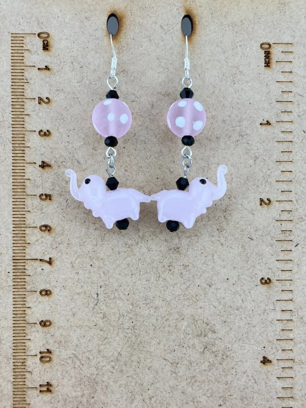 Pink Elephant Polka Dot Lamp Work Glass Bead Handmade Handcrafted Earrings LR223